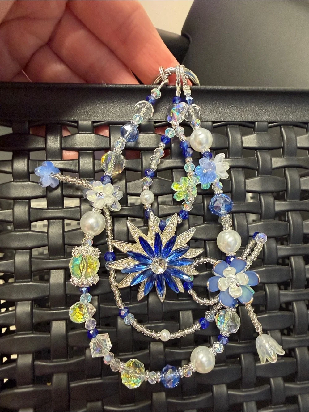 Crystal Floral Blue and Silver Pendant Keychain or Phone Charm - Women Jewelry